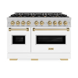 ZLINE Autograph Edition 48 in. 6.7 cu. ft. Classic Double Oven Dual Fuel Range with 8 Burner Gas Cooktop in Satin Stainless Steel with White Matte Doors and Champagne Bronze Accents (CDRSZ-WM-48-CB)