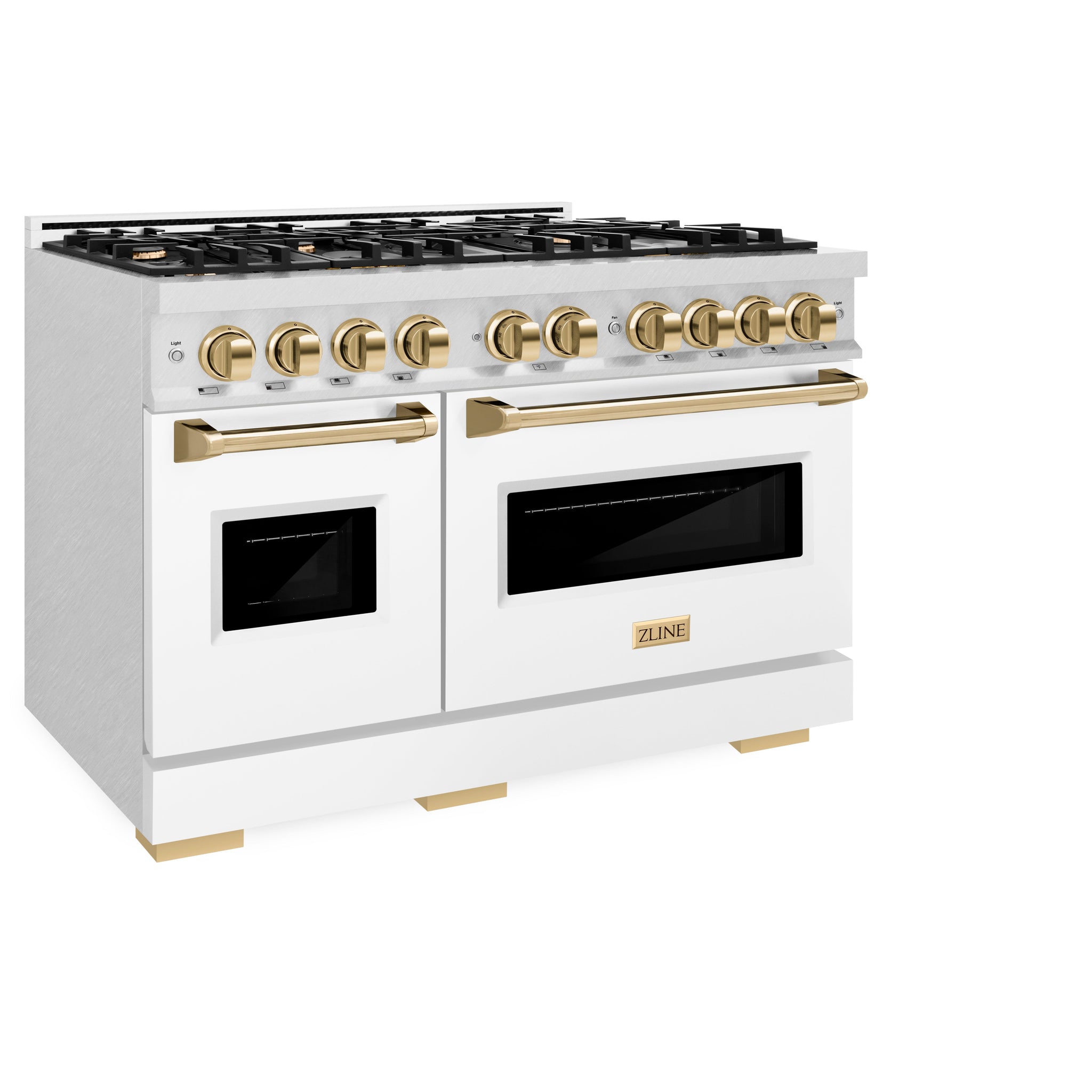 ZLINE Autograph Edition 48 in. 6.7 cu. ft. Classic Double Oven Dual Fuel Range with 8 Burner Gas Cooktop in Satin Stainless Steel with White Matte Doors and Polished Gold Accents (CDRSZ-WM-48-G)