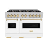 ZLINE Autograph Edition 48 in. 6.7 cu. ft. Classic Double Oven Gas Range with 8 Burner Cooktop in Satin Stainless Steel with White Matte Doors and Champagne Bronze Accents (CGRSZ-WM-48-CB)