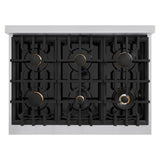 ZLINE Autograph Edition 36 in. 5.2 cu. ft. Classic Gas Range with 6 Burner Cooktop and Convection Gas Oven in Stainless Steel with White Matte Door and Polished Gold Accents (CGRZ-WM-36-G)