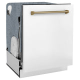 ZLINE Autograph Edition 30 in. Kitchen Package with Stainless Steel Dual Fuel Range with White Matte Door, Range Hood and Dishwasher with Champagne Bronze Accents (3AKP-RAWMRHDWM30-CB)