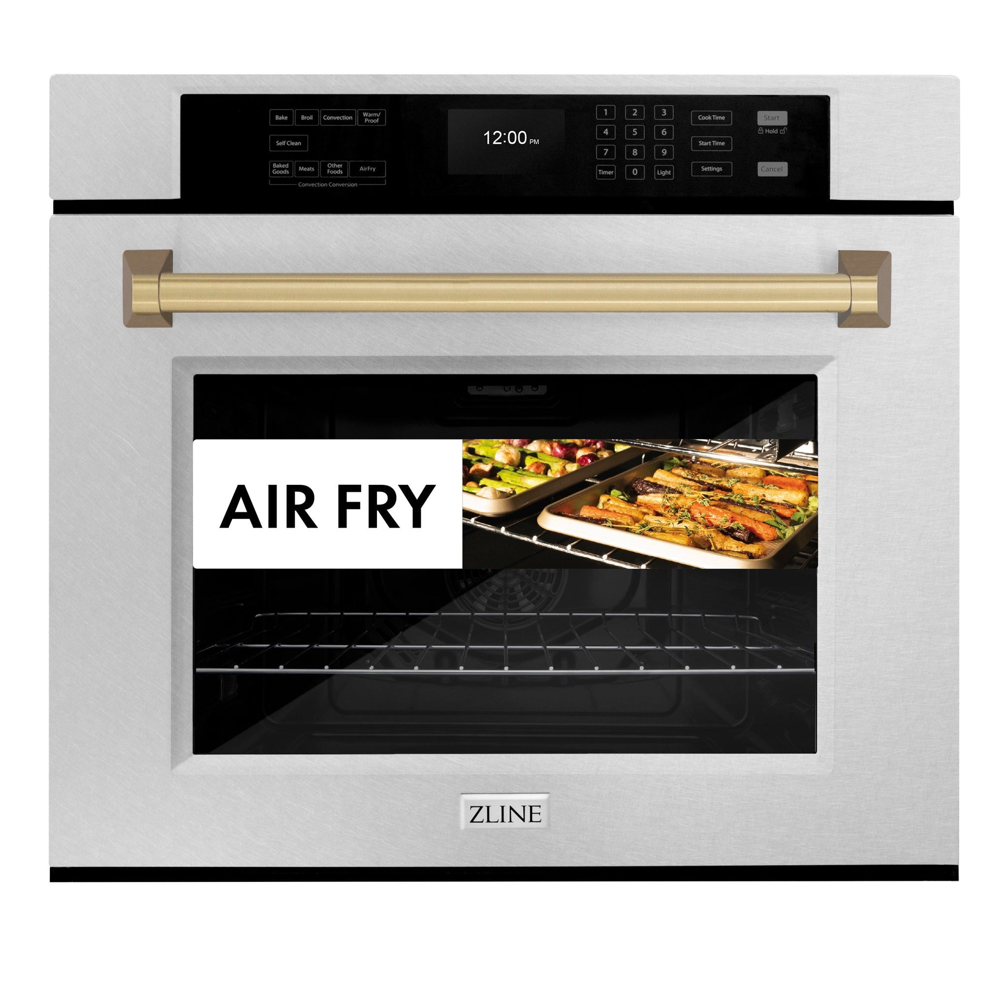 ZLINE 30 in. Autograph Edition Professional True Convection Single Wall Oven with Air Fry and Self Clean in Satin Stainless Steel with Champagne Bronze Handle (WASSZ-30-CB)
