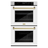 ZLINE 30 in. Autograph Edition Professional True Convection Double Wall Oven with Air Fry and Self Clean in Satin Stainless Steel with White Matte Doors and Champagne Bronze Handles (WADSZ-WM-30-CB)