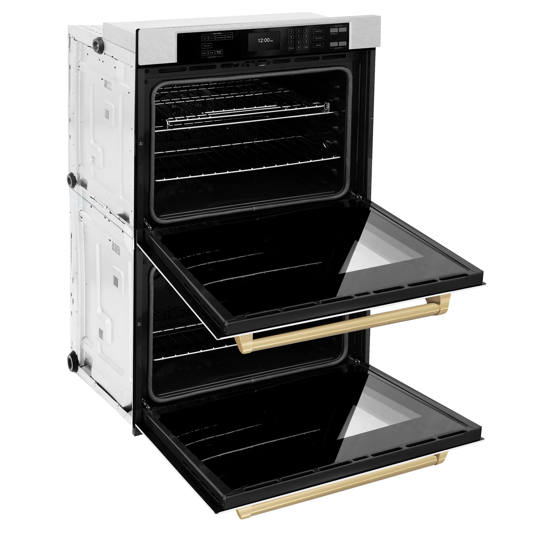 ZLINE 30 in. Autograph Edition Professional True Convection Double Wall Oven with Air Fry and Self Clean in Satin Stainless Steel with White Matte Doors and Champagne Bronze Handles (WADSZ-WM-30-CB)