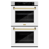 ZLINE 30 in. Autograph Edition Professional True Convection Double Wall Oven with Air Fry and Self Clean in Satin Stainless Steel with White Matte Doors and Polished Gold Handles (WADSZ-WM-30-G)