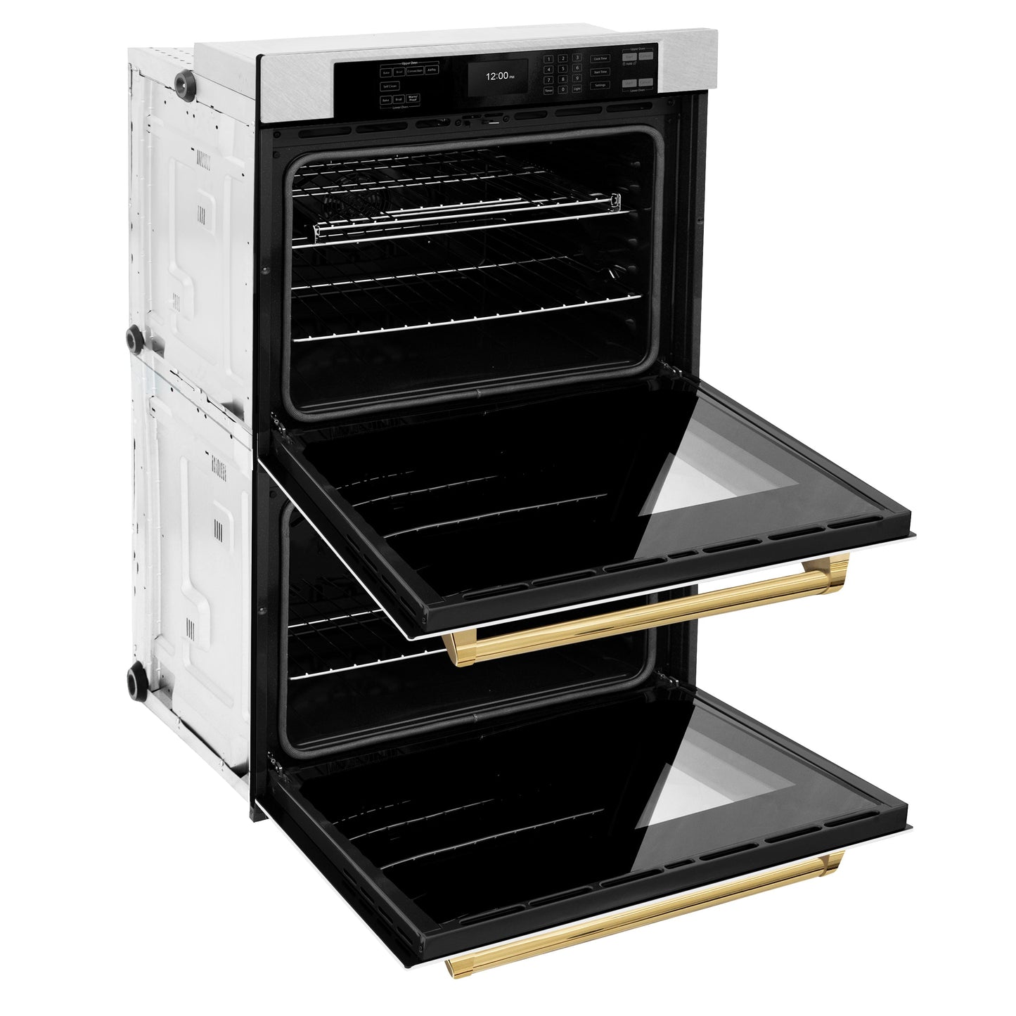 ZLINE 30 in. Autograph Edition Professional True Convection Double Wall Oven with Air Fry and Self Clean in Satin Stainless Steel with White Matte Doors and Polished Gold Handles (WADSZ-WM-30-G)
