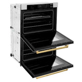 ZLINE 30 in. Autograph Edition Professional True Convection Double Wall Oven with Air Fry and Self Clean in Satin Stainless Steel with White Matte Doors and Polished Gold Handles (WADSZ-WM-30-G)
