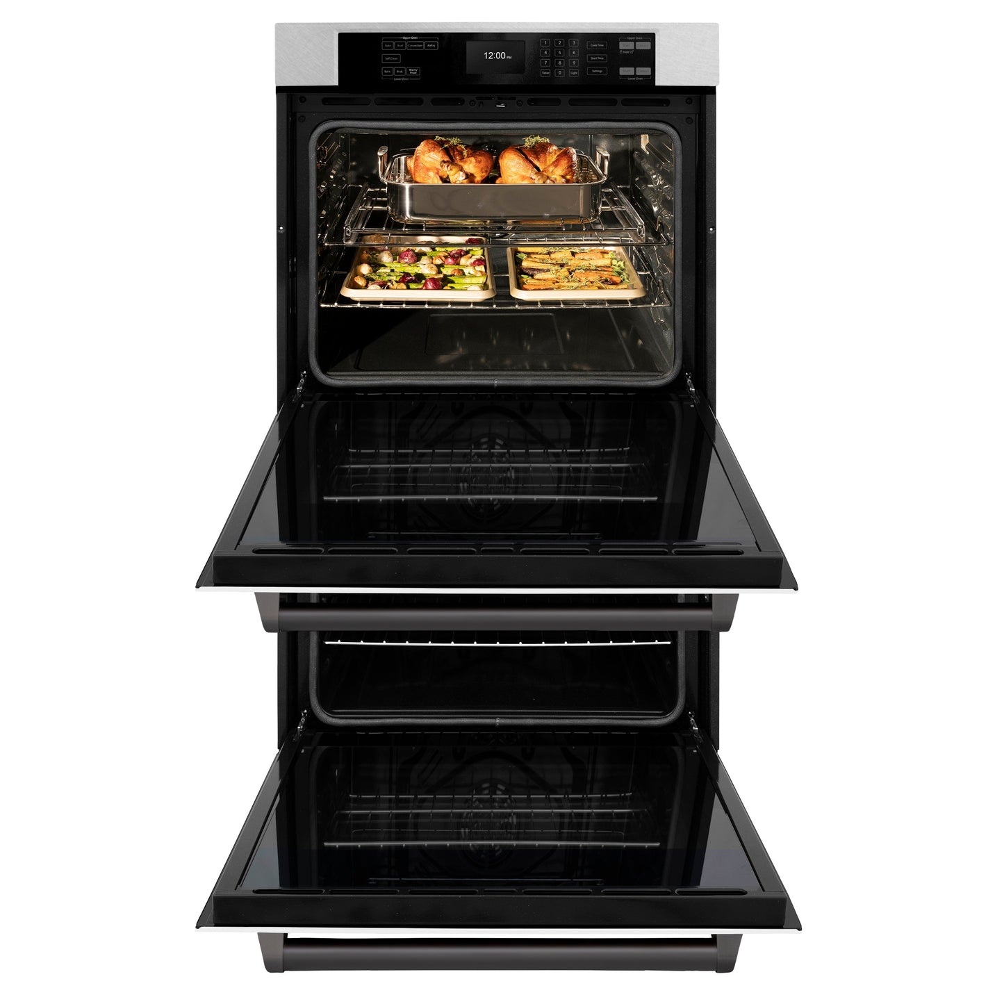 ZLINE 30 in. Autograph Edition Professional True Convection Double Wall Oven with Air Fry and Self Clean in Satin Stainless Steel with White Matte Doors and Matte Black Handles (WADSZ-WM-30-MB)