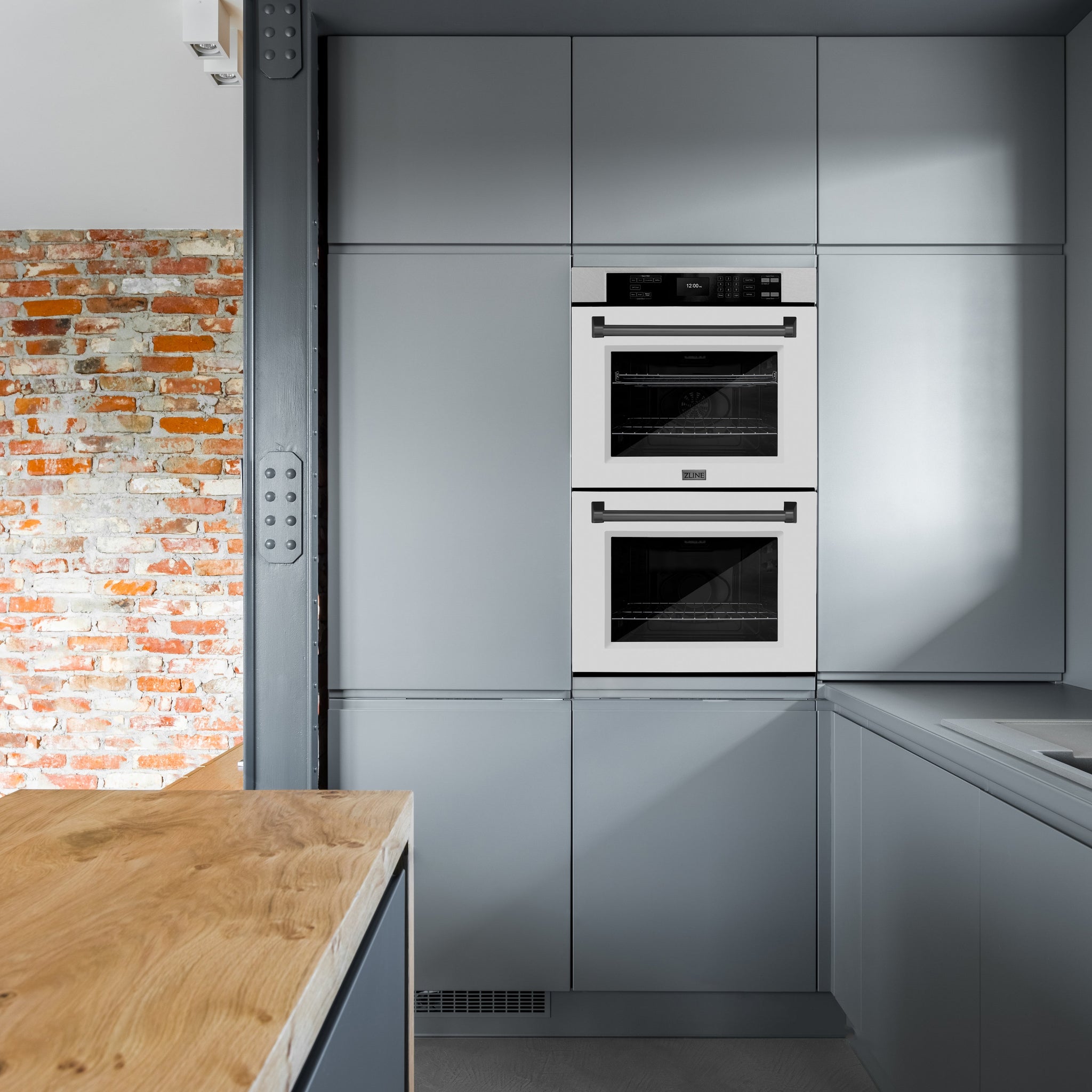 ZLINE 30 in. Autograph Edition Professional True Convection Double Wall Oven with Air Fry and Self Clean in Satin Stainless Steel with White Matte Doors and Matte Black Handles (WADSZ-WM-30-MB)
