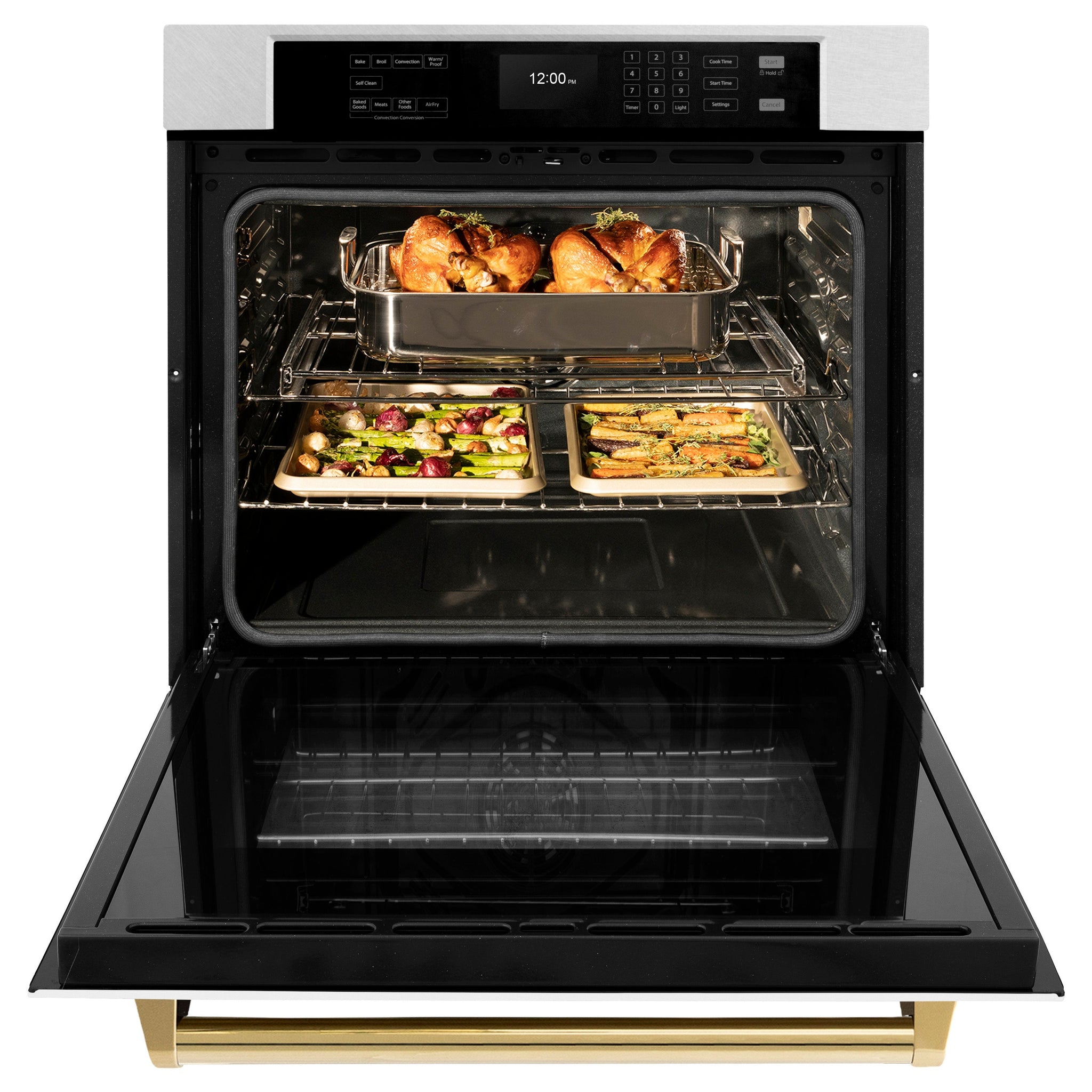 ZLINE 30 in. Autograph Edition Professional True Convection Single Wall Oven with Air Fry and Self Clean in Satin Stainless Steel with White Matte Door and Polished Gold Handle (WASSZ-WM-30-G)