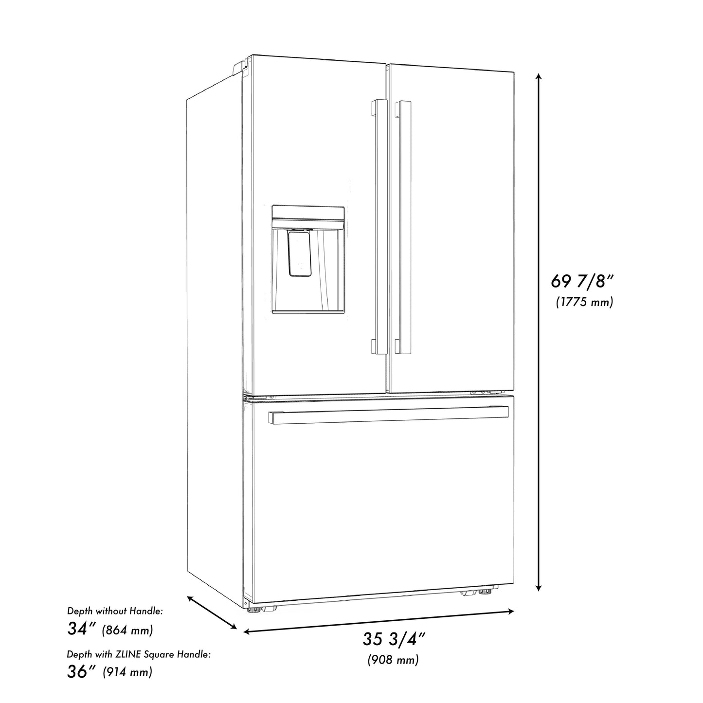 ZLINE Autograph Edition 36 in. 28.9 cu. ft. Standard-Depth French Door External Water Dispenser Refrigerator with Dual Ice Maker in Fingerprint-Resistant Black Stainless Steel and Champagne Bronze Modern Handles (RSMZ-W36-BS-FCB)
