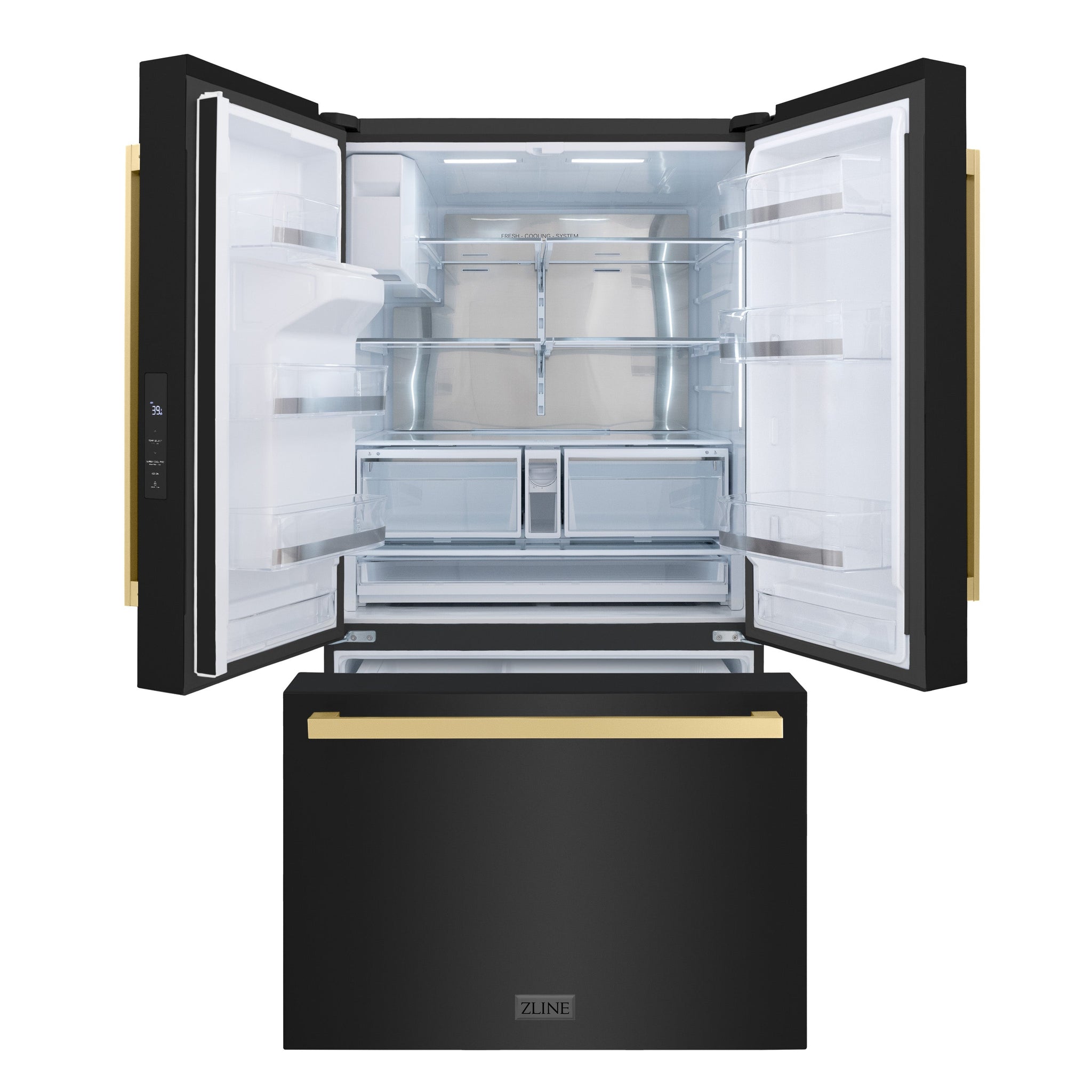 ZLINE Autograph Edition 36 in. 28.9 cu. ft. Standard-Depth French Door External Water Dispenser Refrigerator with Dual Ice Maker in Fingerprint-Resistant Black Stainless Steel and Champagne Bronze Modern Handles (RSMZ-W36-BS-FCB)