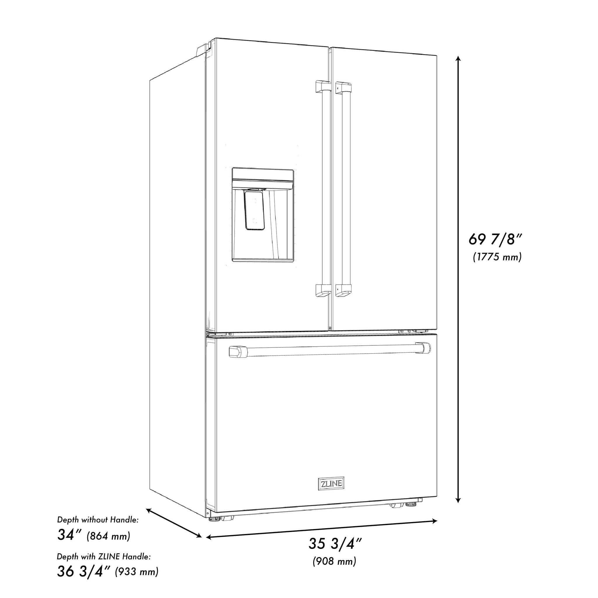 ZLINE Autograph Edition 36 in. 28.9 cu. ft. Standard-Depth French Door External Water Dispenser Refrigerator with Dual Ice Maker in Fingerprint-Resistant Stainless Steel and Champagne Bronze Traditional Handles (RSMZ-W-36-CB)