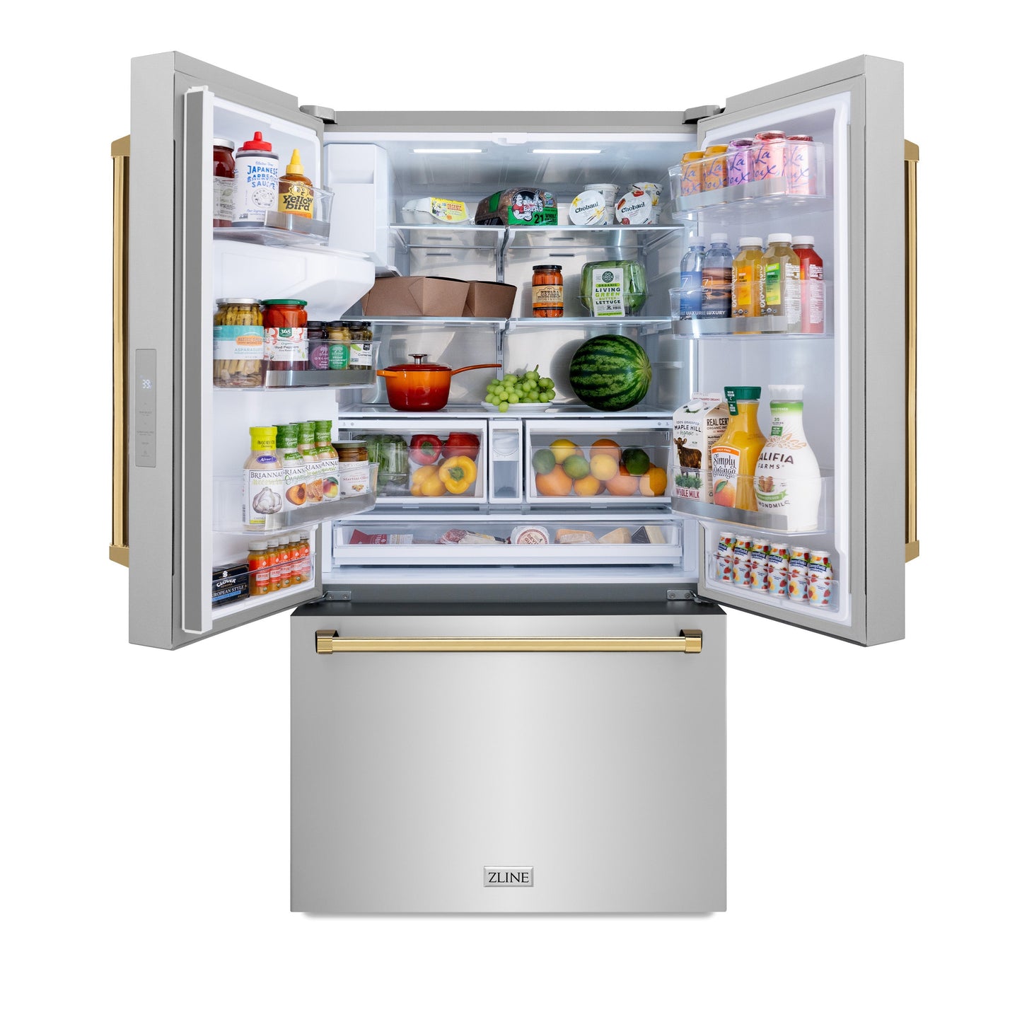ZLINE Autograph Edition 36 in. 28.9 cu. ft. Standard-Depth French Door External Water Dispenser Refrigerator with Dual Ice Maker in Fingerprint-Resistant Stainless Steel and Polished Gold Traditional Handles (RSMZ-W-36-G)