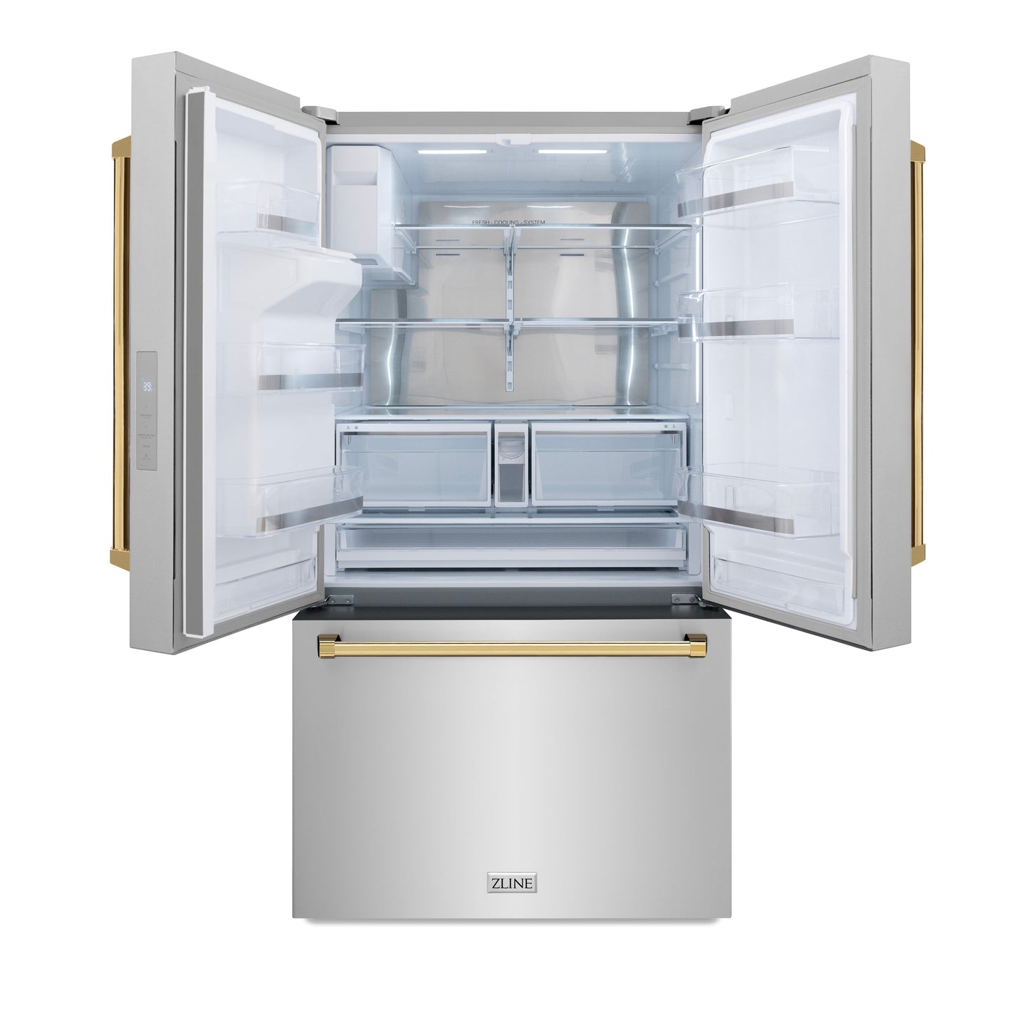 ZLINE Autograph Edition 36 in. 28.9 cu. ft. Standard-Depth French Door External Water Dispenser Refrigerator with Dual Ice Maker in Fingerprint-Resistant Stainless Steel and Polished Gold Traditional Handles (RSMZ-W-36-G)