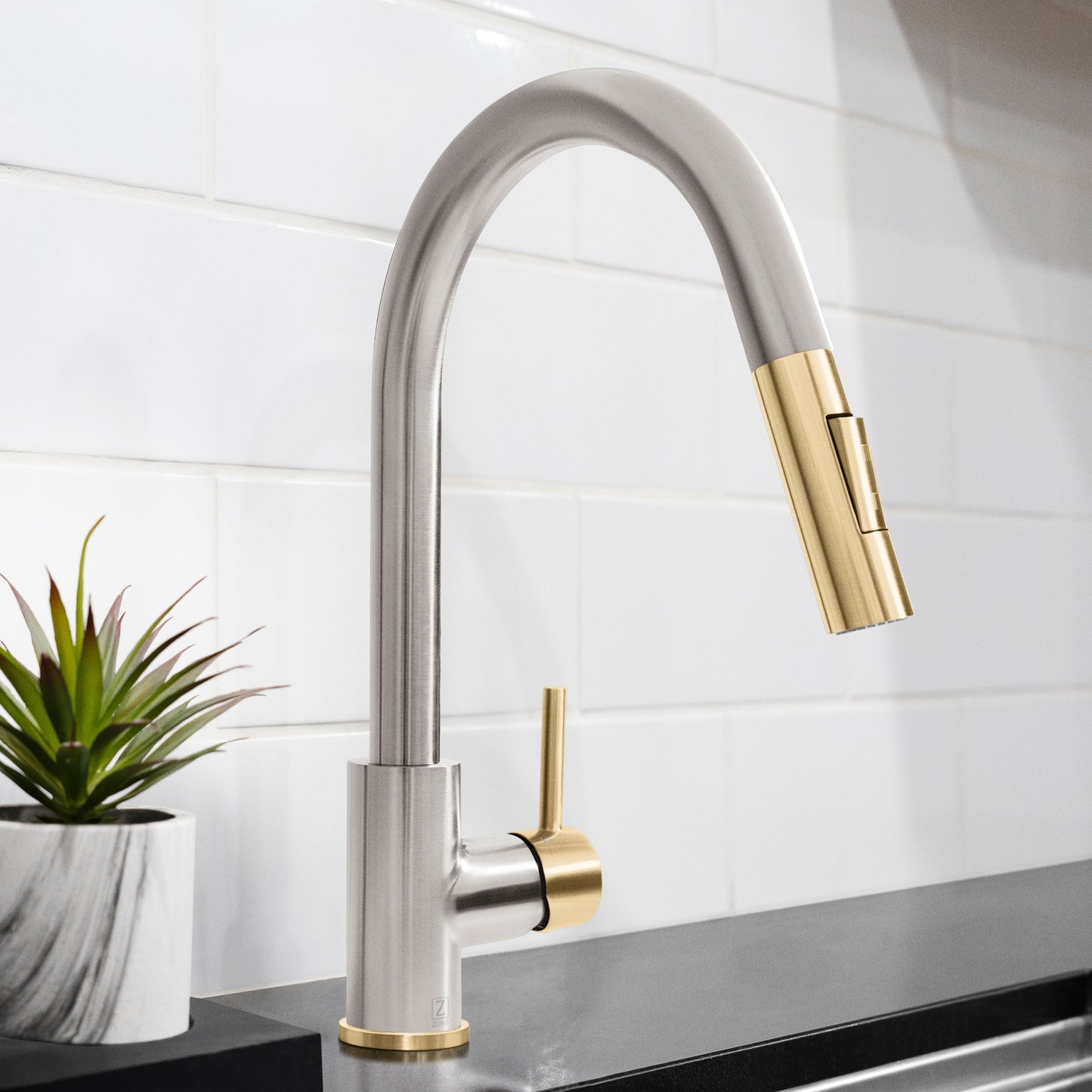ZLINE Autograph Edition Gemini Pull Down Single Handle Kitchen Faucet in Brushed Nickel and Champagne Bronze (GEM-KF-ZBNCB)
