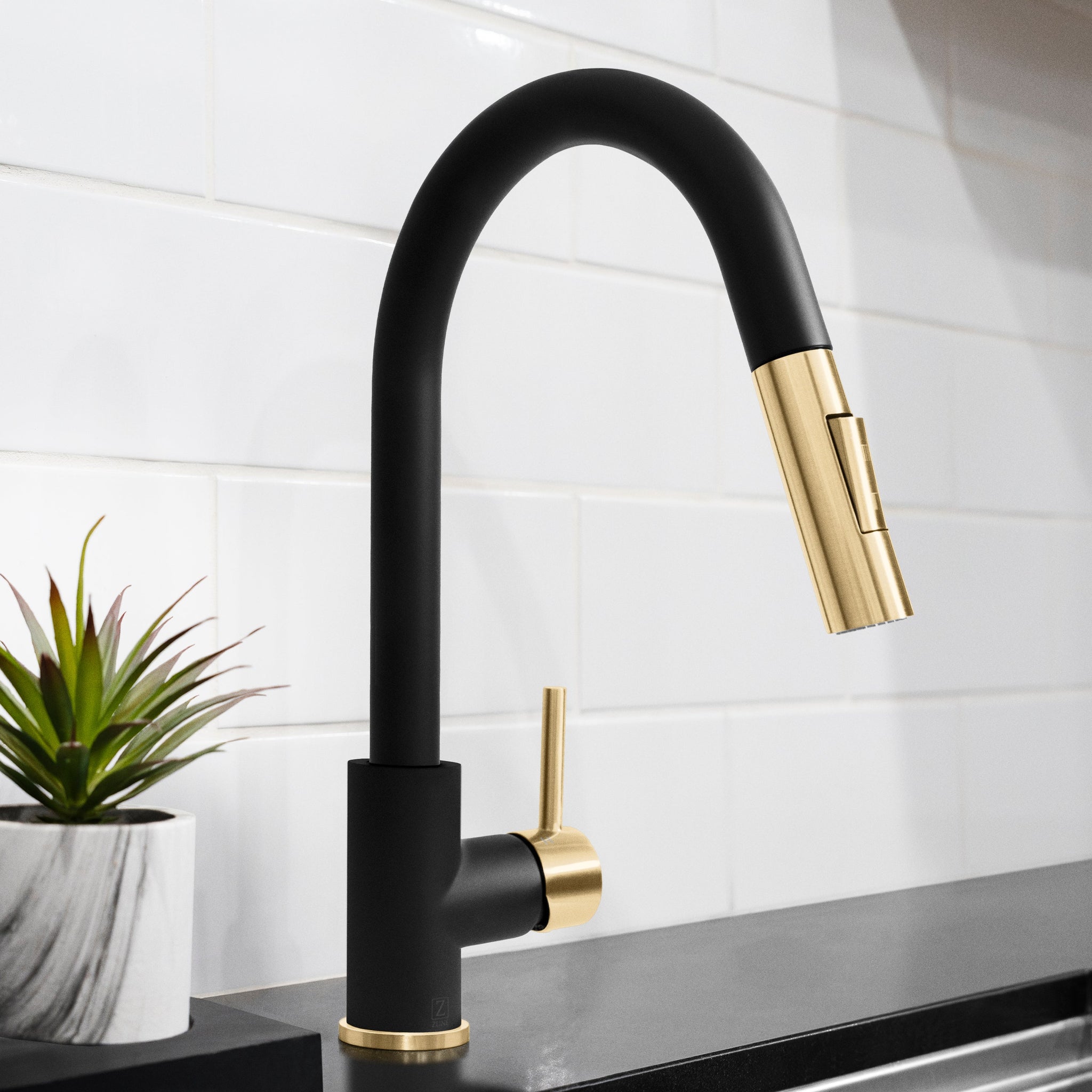 ZLINE Autograph Edition Gemini Pull Down Single Handle Kitchen Faucet in Matte Black and Champagne Bronze (GEM-KF-ZMBCB)