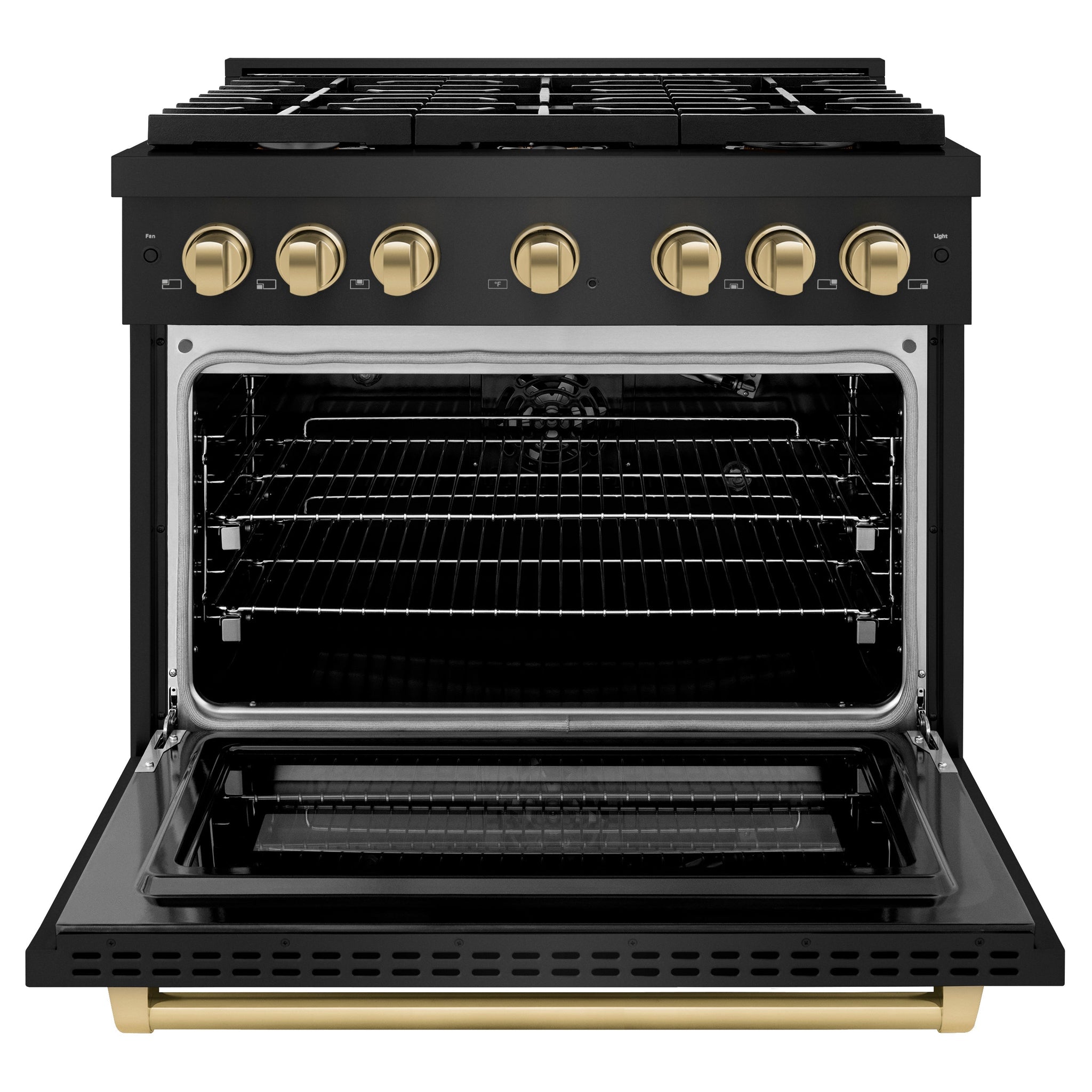 ZLINE Autograph Edition 36 in. 5.2 cu. ft. Paramount Gas Range with 6 Burner Cooktop and Convection Gas Oven in Black Stainless Steel and Champagne Bronze Accents (SGRBZ-36-CB)