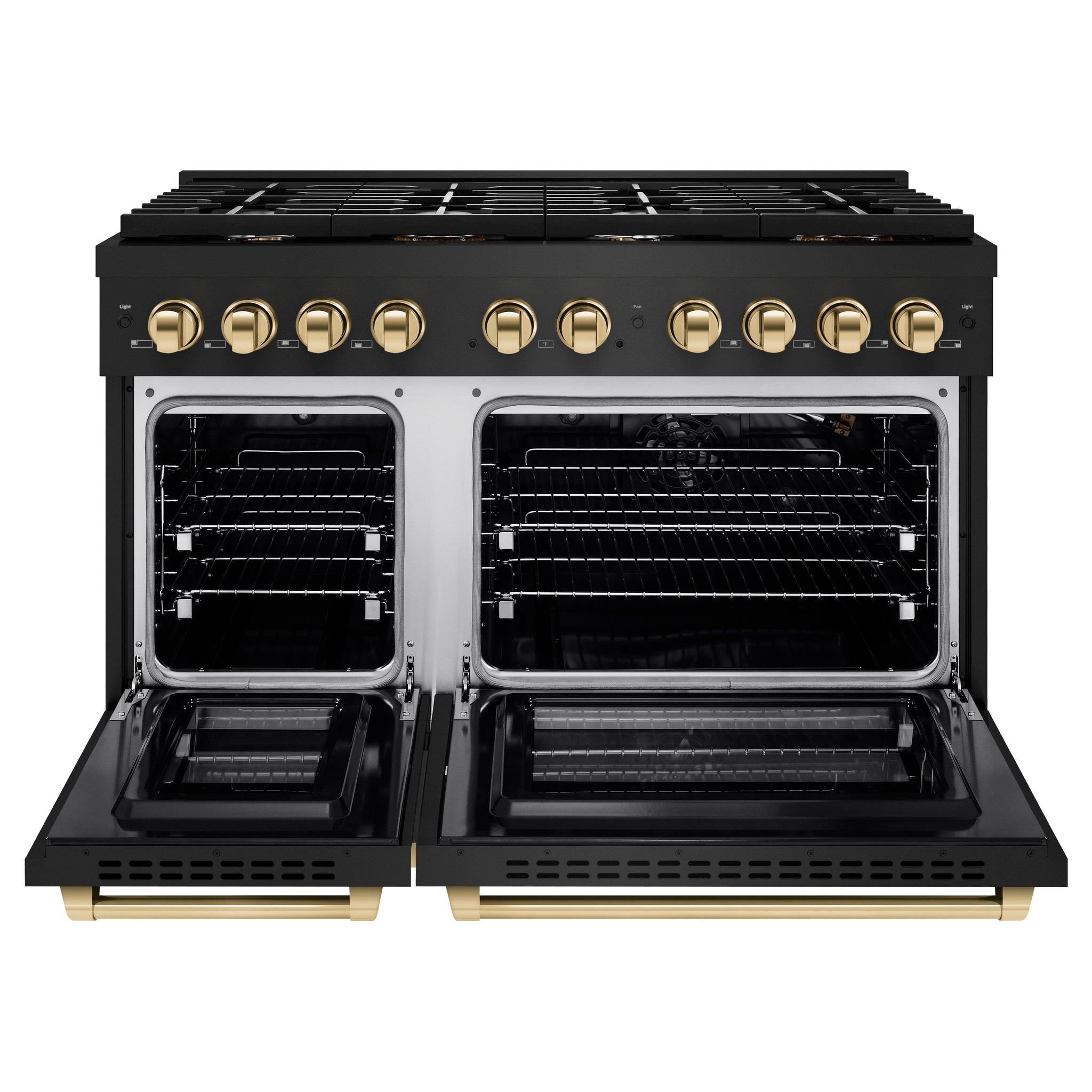 ZLINE Autograph Edition 48 in. 6.7 cu. ft. Paramount Double Oven Gas Range with 8 Burner Cooktop in Black Stainless Steel and Polished Gold Accents (SGRBZ-48-G)