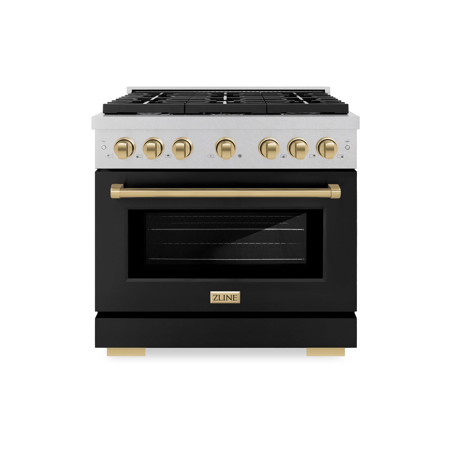 ZLINE Autograph Edition 36 in. 5.2 cu. ft. Paramount Dual Fuel Range with 6 Burner Gas Cooktop and Electric Convection Oven in Satin Stainless Steel with Black Matte Door and Champagne Bronze Accents (SDRSZ-BLM-36-CB)