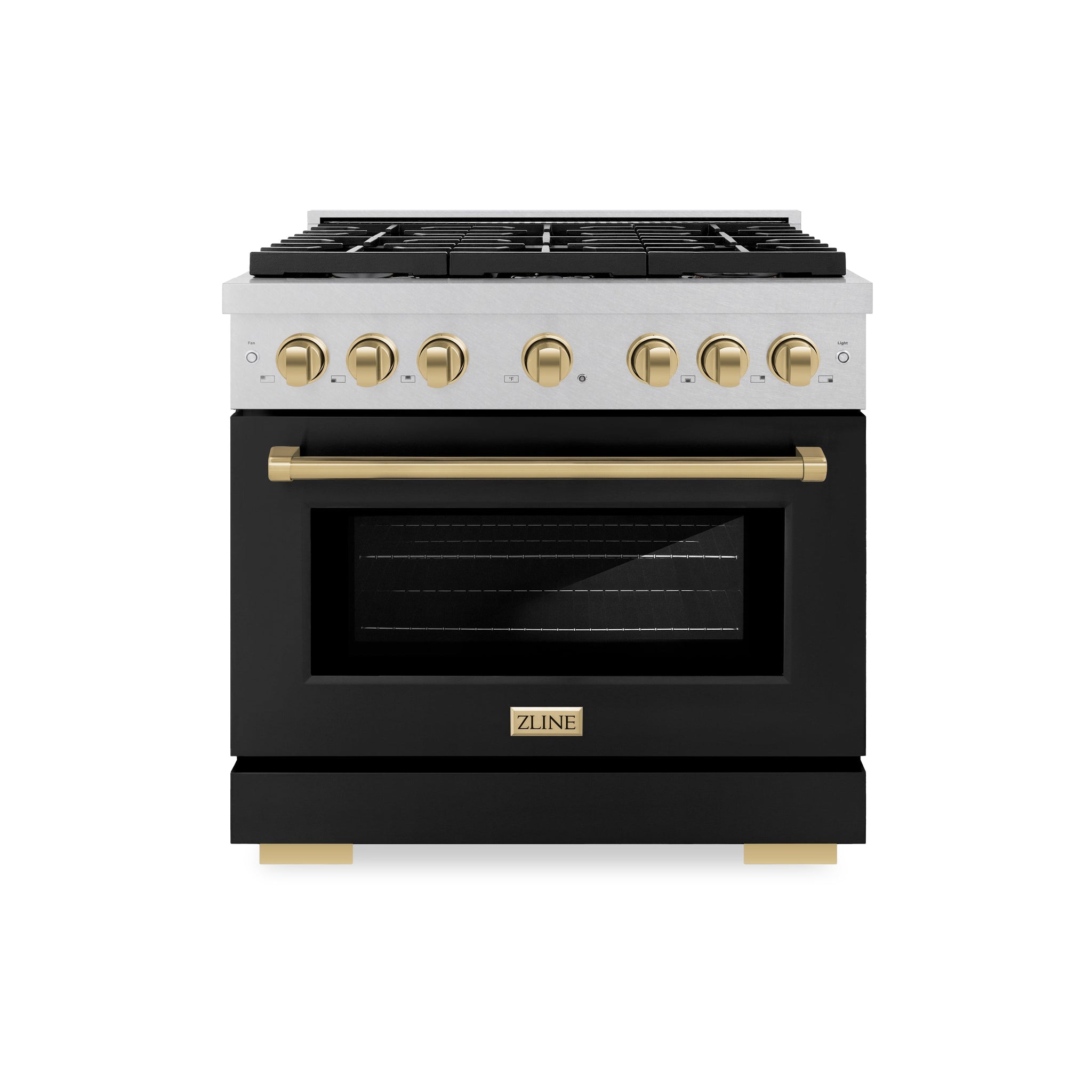 ZLINE Autograph Edition 36 in. 5.2 cu. ft. Paramount Dual Fuel Range with 6 Burner Gas Cooktop and Electric Convection Oven in Satin Stainless Steel with Black Matte Door and Champagne Bronze Accents (SDRSZ-BLM-36-CB)