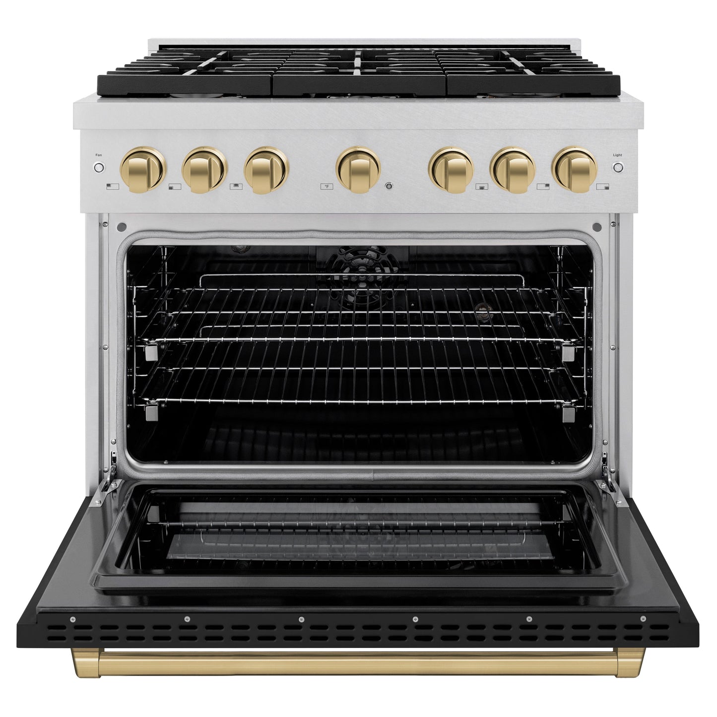 ZLINE Autograph Edition 36 in. 5.2 cu. ft. Paramount Dual Fuel Range with 6 Burner Gas Cooktop and Electric Convection Oven in Satin Stainless Steel with Black Matte Door and Polished Gold Accents (SDRSZ-BLM-36-G)