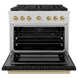 ZLINE Autograph Edition 36 in. 5.2 cu. ft. Paramount Dual Fuel Range with 6 Burner Gas Cooktop and Electric Convection Oven in Satin Stainless Steel with Black Matte Door and Polished Gold Accents (SDRSZ-BLM-36-G)