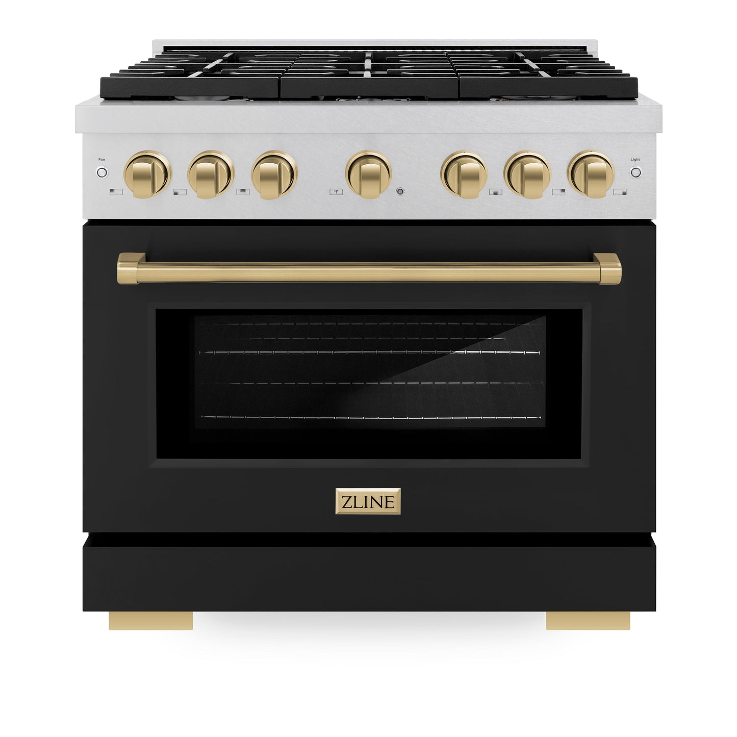 ZLINE Autograph Edition 36 in. 5.2 cu. ft. Paramount Dual Fuel Range with 6 Burner Gas Cooktop and Electric Convection Oven in Satin Stainless Steel with Black Matte Door and Polished Gold Accents (SDRSZ-BLM-36-G)