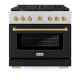 ZLINE Autograph Edition 36 in. 5.2 cu. ft. Paramount Dual Fuel Range with 6 Burner Gas Cooktop and Electric Convection Oven in Satin Stainless Steel with Black Matte Door and Polished Gold Accents (SDRSZ-BLM-36-G)