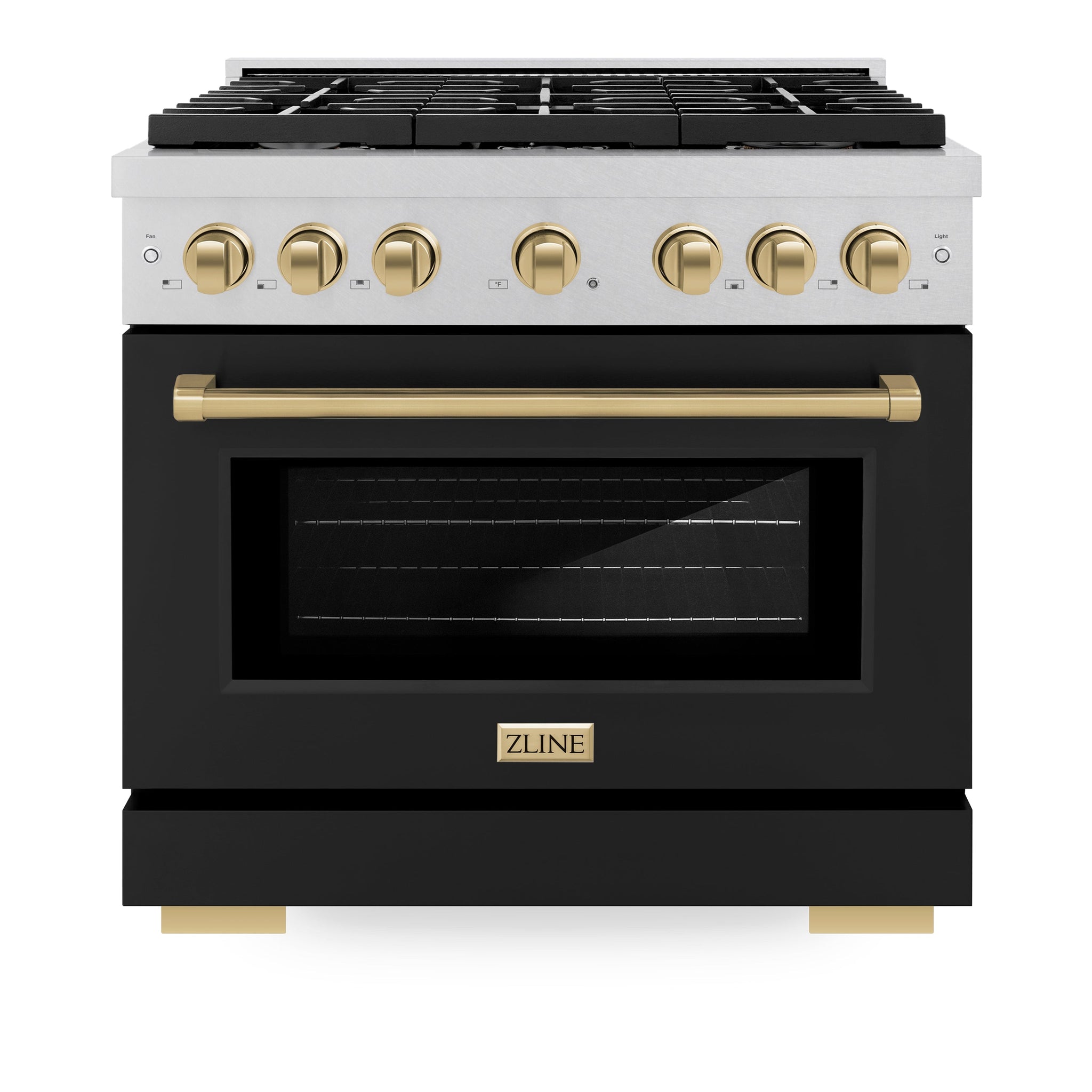 ZLINE Autograph Edition 36 in. 5.2 cu. ft. Paramount Dual Fuel Range with 6 Burner Gas Cooktop and Electric Convection Oven in Satin Stainless Steel with Black Matte Door and Polished Gold Accents (SDRSZ-BLM-36-G)