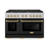ZLINE Autograph Edition 48 in. 6.7 cu. ft. Paramount Double Oven Dual Fuel Range with 8 Burner Gas Cooktop in Satin Stainless Steel with Black Matte Doors and Champagne Bronze Accents (SDRSZ-BLM-48-CB)