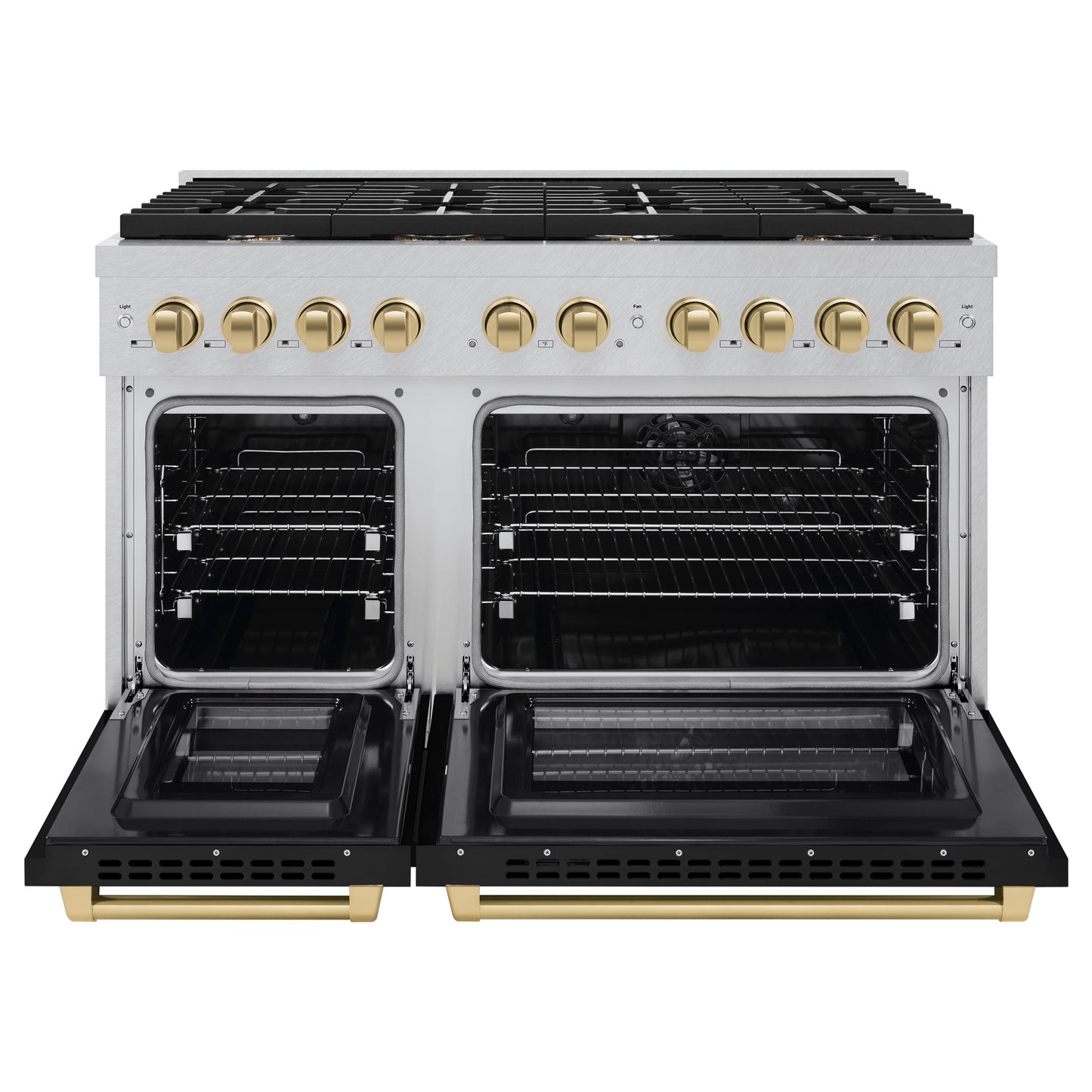 ZLINE Autograph Edition 48 in. 6.7 cu. ft. Paramount Double Oven Dual Fuel Range with 8 Burner Gas Cooktop in Satin Stainless Steel with Black Matte Doors and Champagne Bronze Accents (SDRSZ-BLM-48-CB)