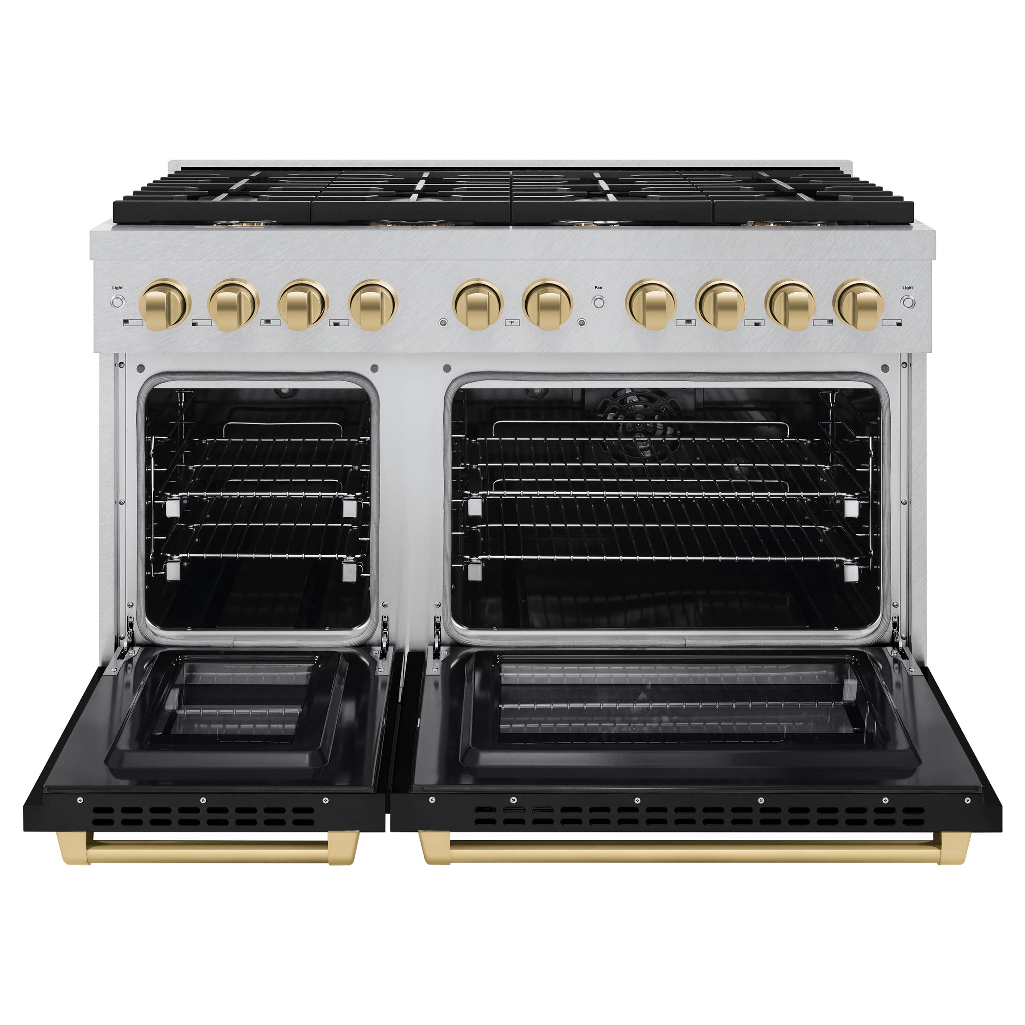 ZLINE Autograph Edition 48 in. 6.7 cu. ft. Paramount Double Oven Dual Fuel Range with 8 Burner Gas Cooktop in Satin Stainless Steel with Black Matte Doors and Champagne Bronze Accents (SDRSZ-BLM-48-CB)