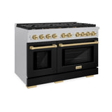 ZLINE Autograph Edition 48 in. 6.7 cu. ft. Paramount Double Oven Dual Fuel Range with 8 Burner Gas Cooktop in Satin Stainless Steel with Black Matte Doors and Champagne Bronze Accents (SDRSZ-BLM-48-CB)