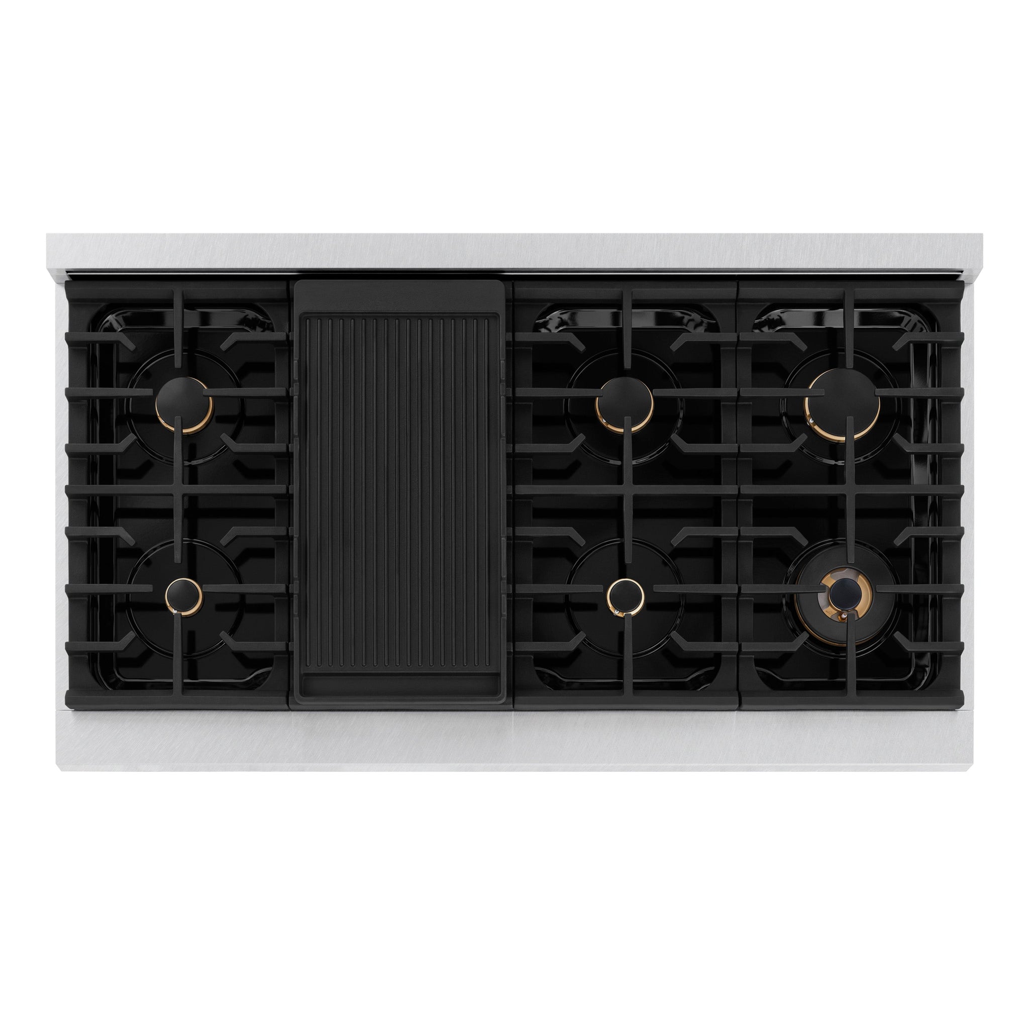 ZLINE Autograph Edition 48 in. 6.7 cu. ft. Paramount Double Oven Dual Fuel Range with 8 Burner Gas Cooktop in Satin Stainless Steel with Black Matte Doors and Champagne Bronze Accents (SDRSZ-BLM-48-CB)