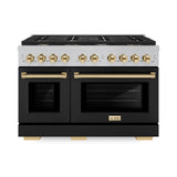 ZLINE Autograph Edition 48 in. 6.7 cu. ft. Paramount Double Oven Dual Fuel Range with 8 Burner Gas Cooktop in Satin Stainless Steel with Black Matte Doors and Polished Gold Accents (SDRSZ-BLM-48-G)