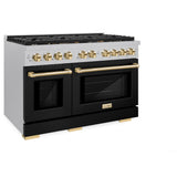 ZLINE Autograph Edition 48 in. 6.7 cu. ft. Paramount Double Oven Dual Fuel Range with 8 Burner Gas Cooktop in Satin Stainless Steel with Black Matte Doors and Polished Gold Accents (SDRSZ-BLM-48-G)