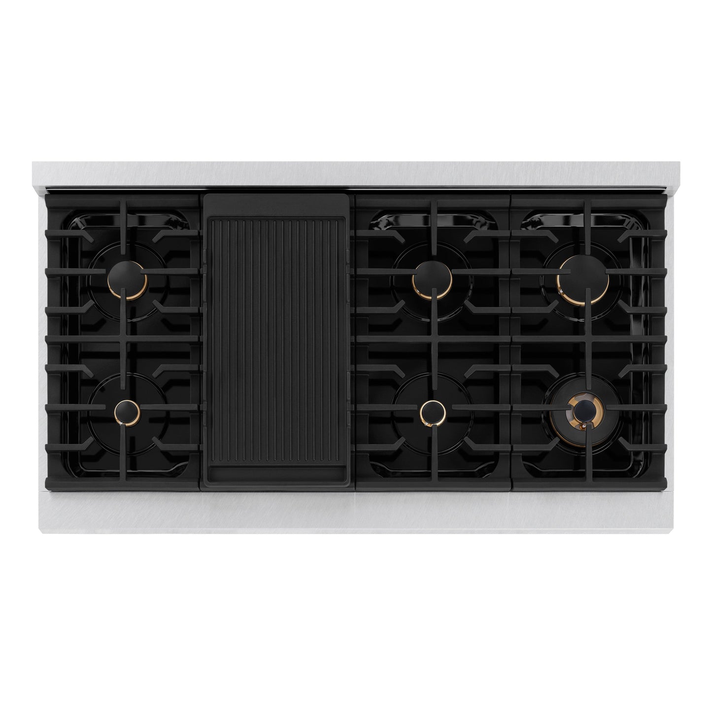 ZLINE Autograph Edition 48 in. 6.7 cu. ft. Paramount Double Oven Dual Fuel Range with 8 Burner Gas Cooktop in Satin Stainless Steel with Black Matte Doors and Polished Gold Accents (SDRSZ-BLM-48-G)