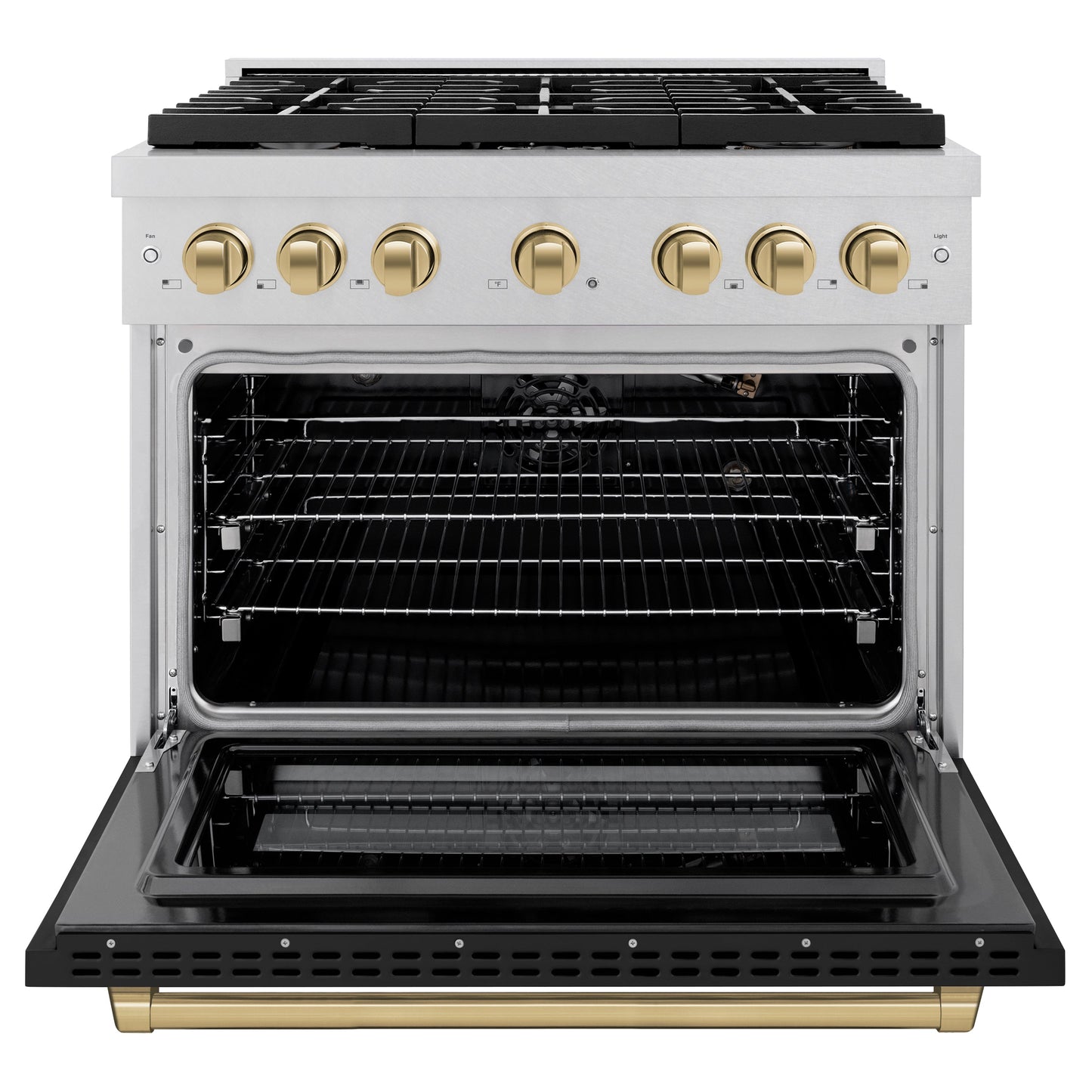 ZLINE Autograph Edition 36 in. 5.2 cu. ft. Paramount Gas Range with 6 Burner Cooktop and Convection Gas Oven in Satin Stainless Steel with Black Matte Door and Champagne Bronze Accents (SGRSZ-BLM-36-CB)