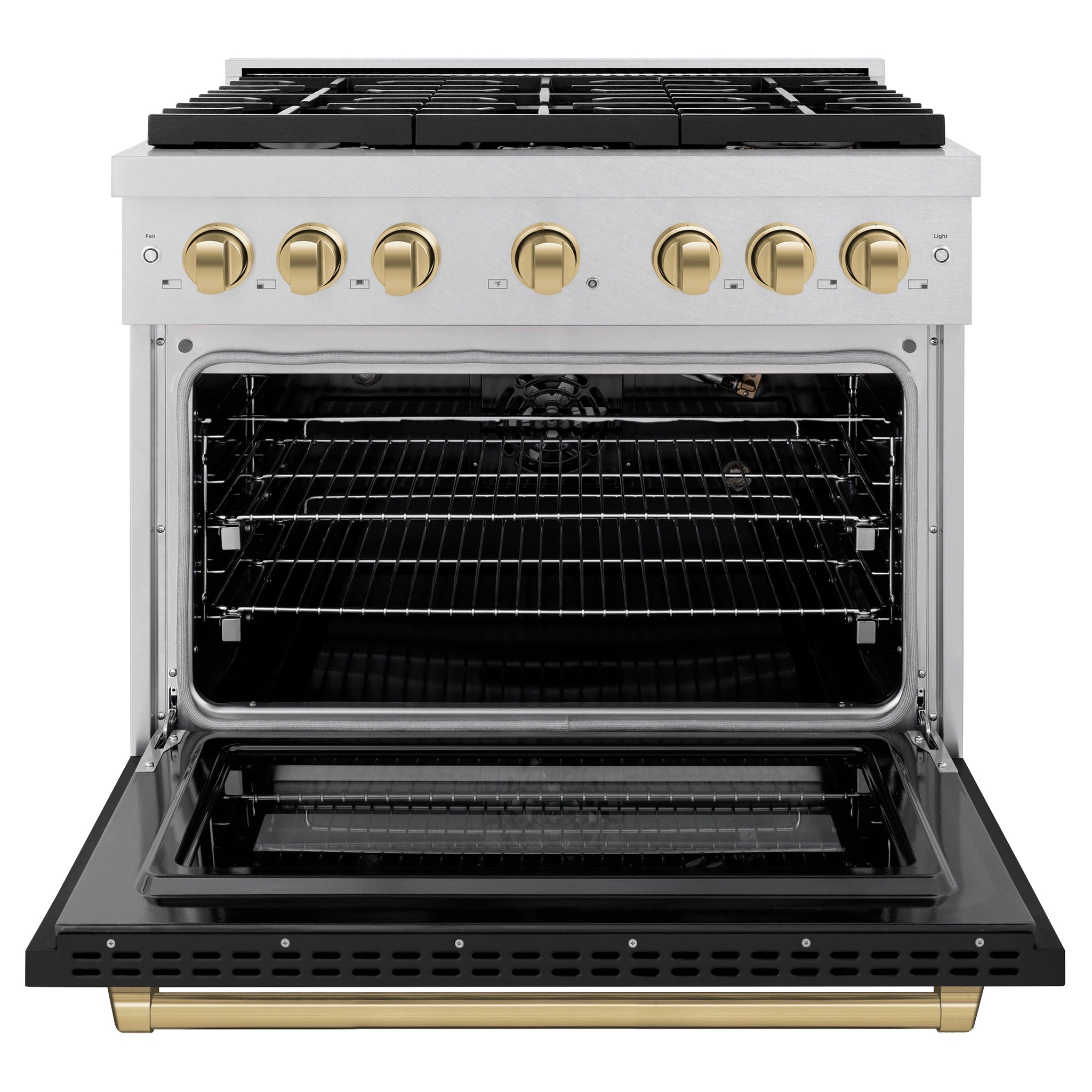 ZLINE Autograph Edition 36 in. 5.2 cu. ft. Paramount Gas Range with 6 Burner Cooktop and Convection Gas Oven in Satin Stainless Steel with Black Matte Door and Champagne Bronze Accents (SGRSZ-BLM-36-CB)