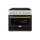 ZLINE Autograph Edition 36 in. 5.2 cu. ft. Paramount Gas Range with 6 Burner Cooktop and Convection Gas Oven in Satin Stainless Steel with Black Matte Door and Polished Gold Accents (SGRSZ-BLM-36-G)