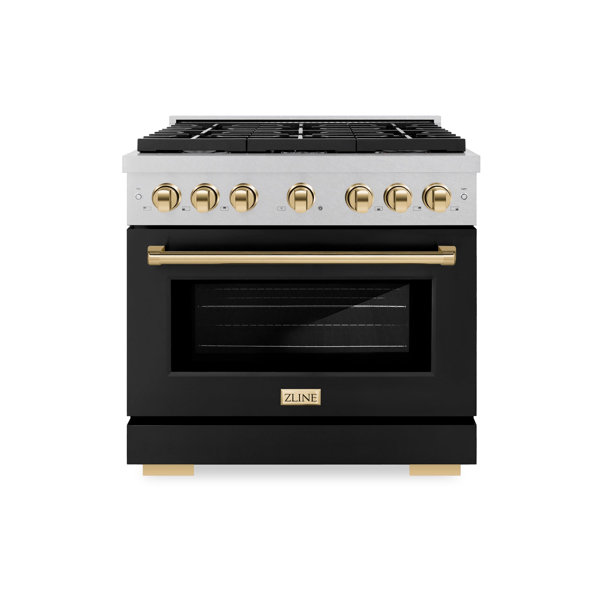 ZLINE Autograph Edition 36 in. 5.2 cu. ft. Paramount Gas Range with 6 Burner Cooktop and Convection Gas Oven in Satin Stainless Steel with Black Matte Door and Polished Gold Accents (SGRSZ-BLM-36-G)