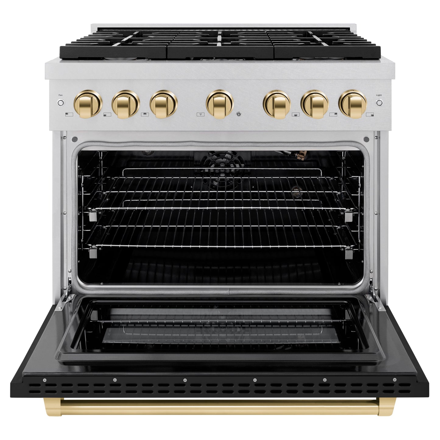 ZLINE Autograph Edition 36 in. 5.2 cu. ft. Paramount Gas Range with 6 Burner Cooktop and Convection Gas Oven in Satin Stainless Steel with Black Matte Door and Polished Gold Accents (SGRSZ-BLM-36-G)