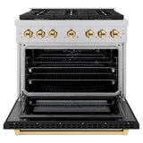 ZLINE Autograph Edition 36 in. 5.2 cu. ft. Paramount Gas Range with 6 Burner Cooktop and Convection Gas Oven in Satin Stainless Steel with Black Matte Door and Polished Gold Accents (SGRSZ-BLM-36-G)