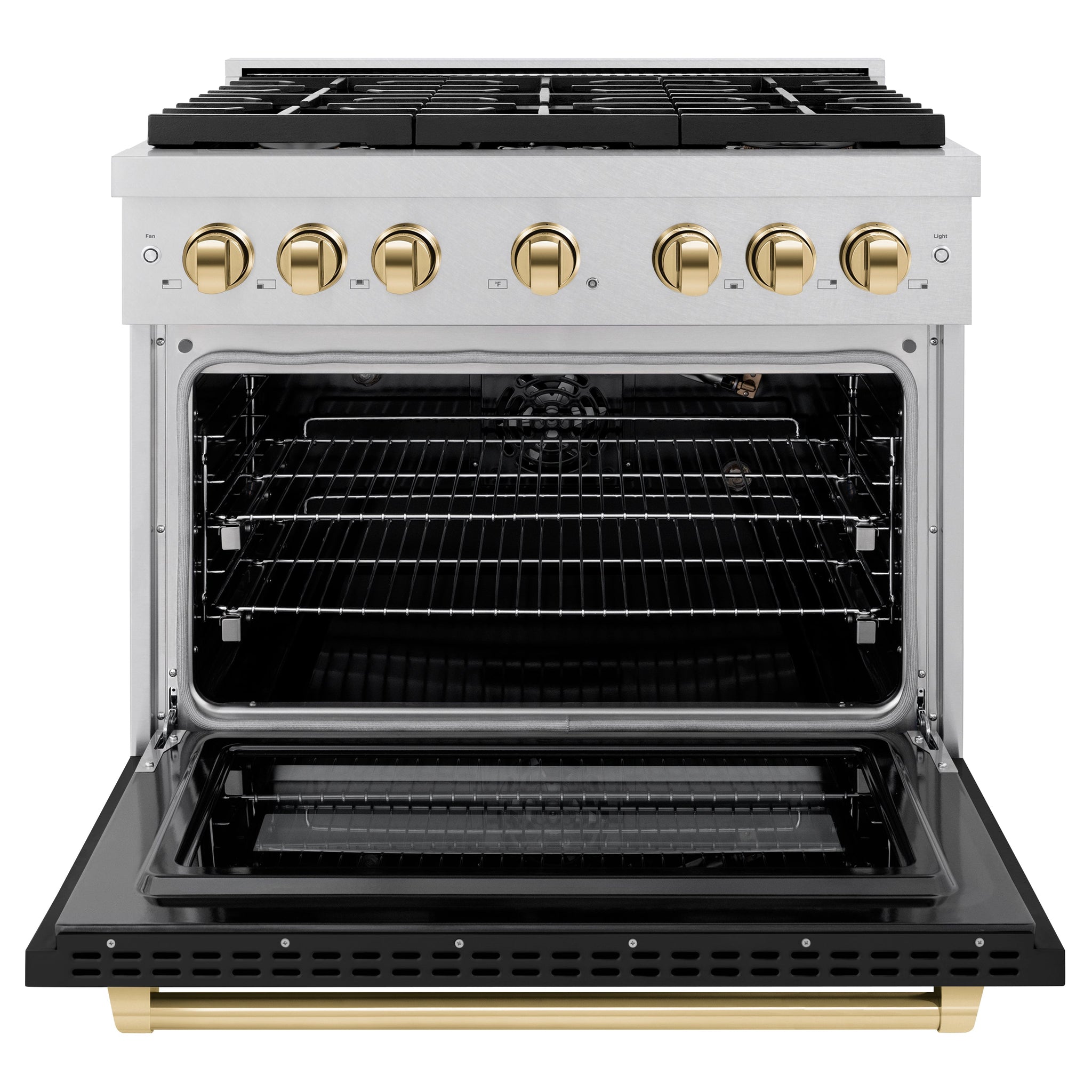 ZLINE Autograph Edition 36 in. 5.2 cu. ft. Paramount Gas Range with 6 Burner Cooktop and Convection Gas Oven in Satin Stainless Steel with Black Matte Door and Polished Gold Accents (SGRSZ-BLM-36-G)