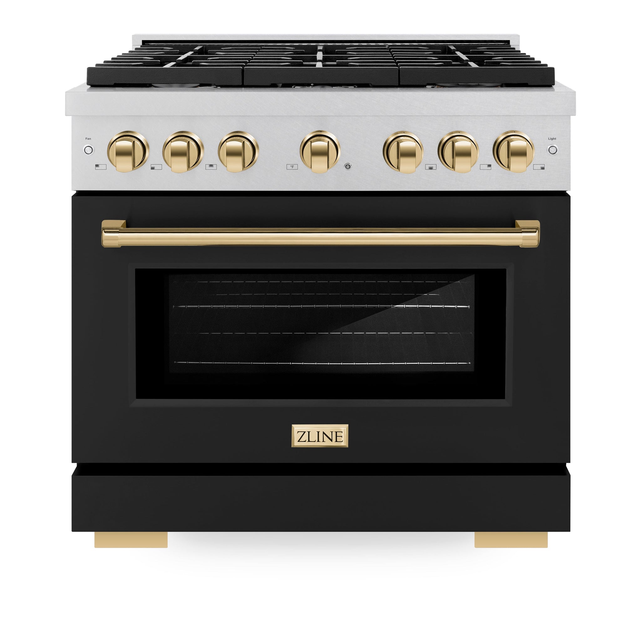ZLINE Autograph Edition 36 in. 5.2 cu. ft. Paramount Gas Range with 6 Burner Cooktop and Convection Gas Oven in Satin Stainless Steel with Black Matte Door and Polished Gold Accents (SGRSZ-BLM-36-G)