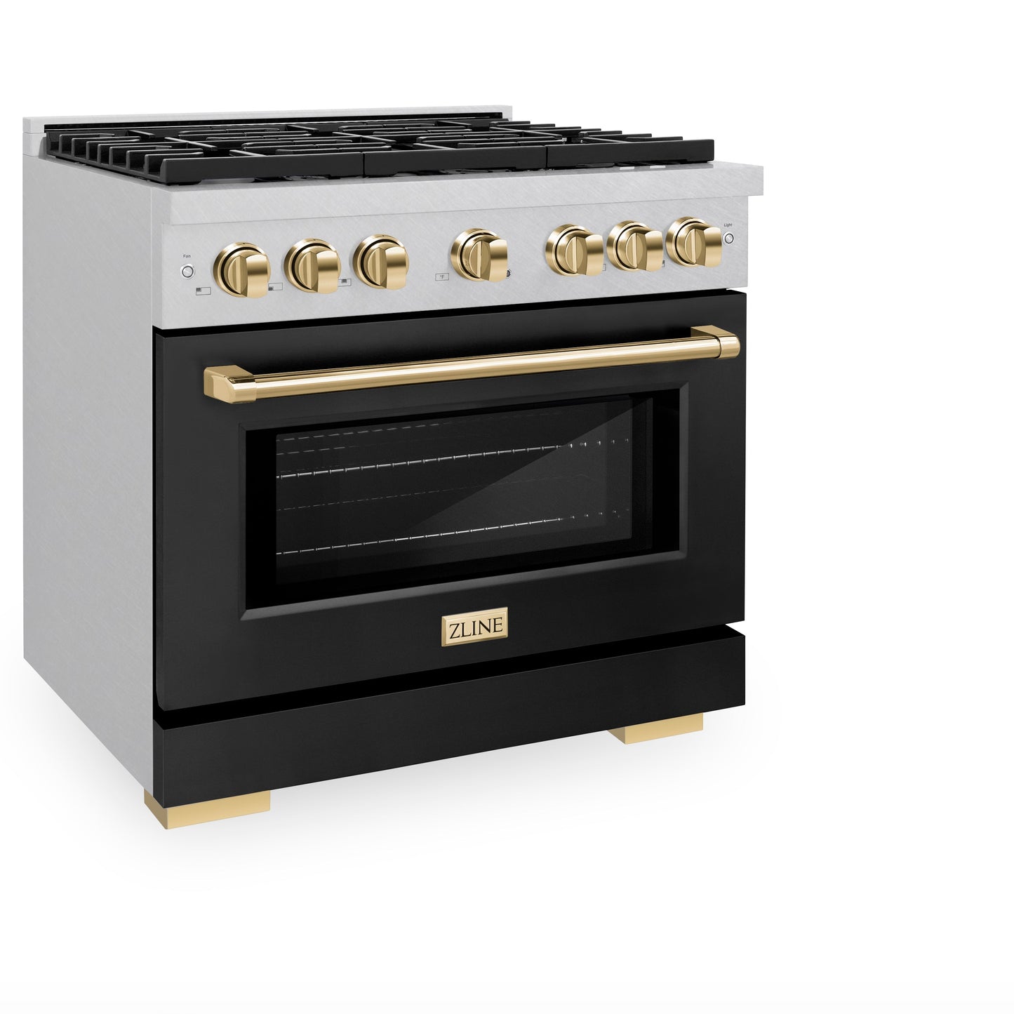 ZLINE Autograph Edition 36 in. 5.2 cu. ft. Paramount Gas Range with 6 Burner Cooktop and Convection Gas Oven in Satin Stainless Steel with Black Matte Door and Polished Gold Accents (SGRSZ-BLM-36-G)
