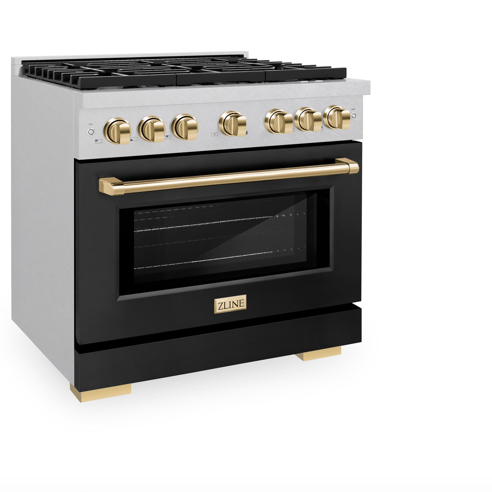 ZLINE Autograph Edition 36 in. 5.2 cu. ft. Paramount Gas Range with 6 Burner Cooktop and Convection Gas Oven in Satin Stainless Steel with Black Matte Door and Polished Gold Accents (SGRSZ-BLM-36-G)