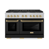ZLINE Autograph Edition 48 in. 6.7 cu. ft. Paramount Double Oven Gas Range with 8 Burner Cooktop in Satin Stainless Steel with Black Matte Doors and Champagne Bronze Accents (SGRSZ-BLM-48-CB)