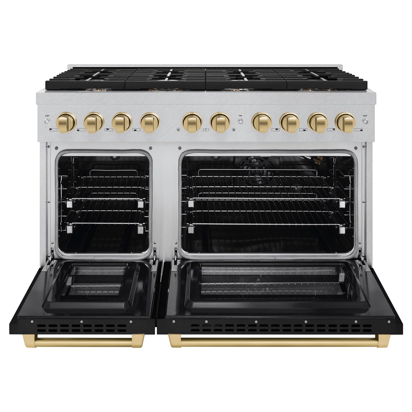 ZLINE Autograph Edition 48 in. 6.7 cu. ft. Paramount Double Oven Gas Range with 8 Burner Cooktop in Satin Stainless Steel with Black Matte Doors and Champagne Bronze Accents (SGRSZ-BLM-48-CB)